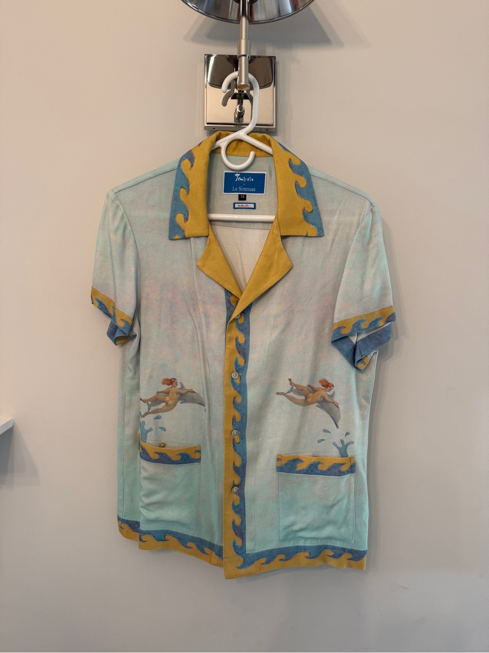 Tombolo Le Sirene Men’s Short-Sleeve Resort Shirt in Light Aqua and Mustard
